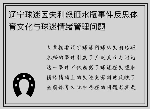 辽宁球迷因失利怒砸水瓶事件反思体育文化与球迷情绪管理问题