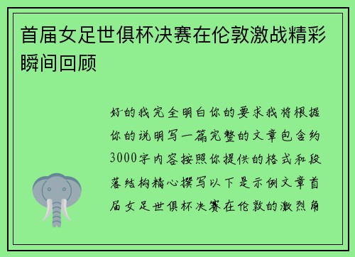 首届女足世俱杯决赛在伦敦激战精彩瞬间回顾