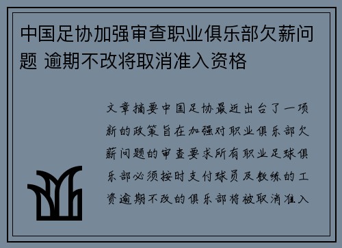 中国足协加强审查职业俱乐部欠薪问题 逾期不改将取消准入资格 中国足协加强审查职业俱乐部欠薪问题 逾期不改将取消准入资格